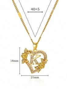 1 Pc Fashion Zirconia Flower Initial Heart Pendant Necklaces For Women Gold Color Stainless Steel Letter Chain Wedding Jewelry Gifts Valentines,Mom,Mother,Mother's Day,Gift