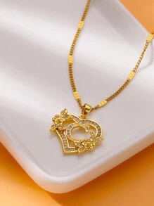 1 Pc Fashion Zirconia Flower Initial Heart Pendant Necklaces For Women Gold Color Stainless Steel Letter Chain Wedding Jewelry Gifts Valentines,Mom,Mother,Mother's Day,Gift