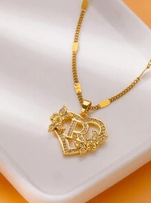 1 Pc Fashion Zirconia Flower Initial Heart Pendant Necklaces For Women Gold Color Stainless Steel Letter Chain Wedding Jewelry Gifts Valentines,Mom,Mother,Mother's Day,Gift