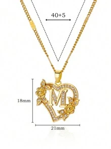 1 Pc Fashion Zirconia Flower Initial Heart Pendant Necklaces For Women Gold Color Stainless Steel Letter Chain Wedding Jewelry Gifts Valentines,Mom,Mother,Mother's Day,Gift