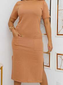 Midi Sweatshirt Dress With Front Pockets - Stylish And Modern | Fashion 2024 - 駝色 - 查看 6