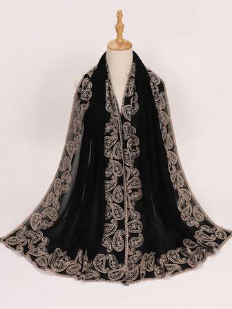 1pc Heavy Embroidered Middle Eastern Black Embroidery Scarf With Tassels, Rectangular Muslim Hijab Scarf