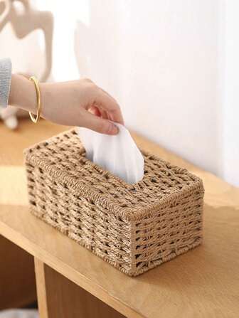 1 pièce Boîte porte-essuie-tout en papier tressé à la main, boîte à mouchoirs de bureau pour le salon et la chambre, style minimaliste zen