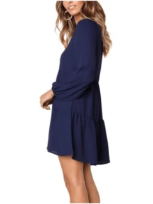 Women's Plain Dress, Long Sleeve Ruffle Dress - 藏蓝色 - 查看 4