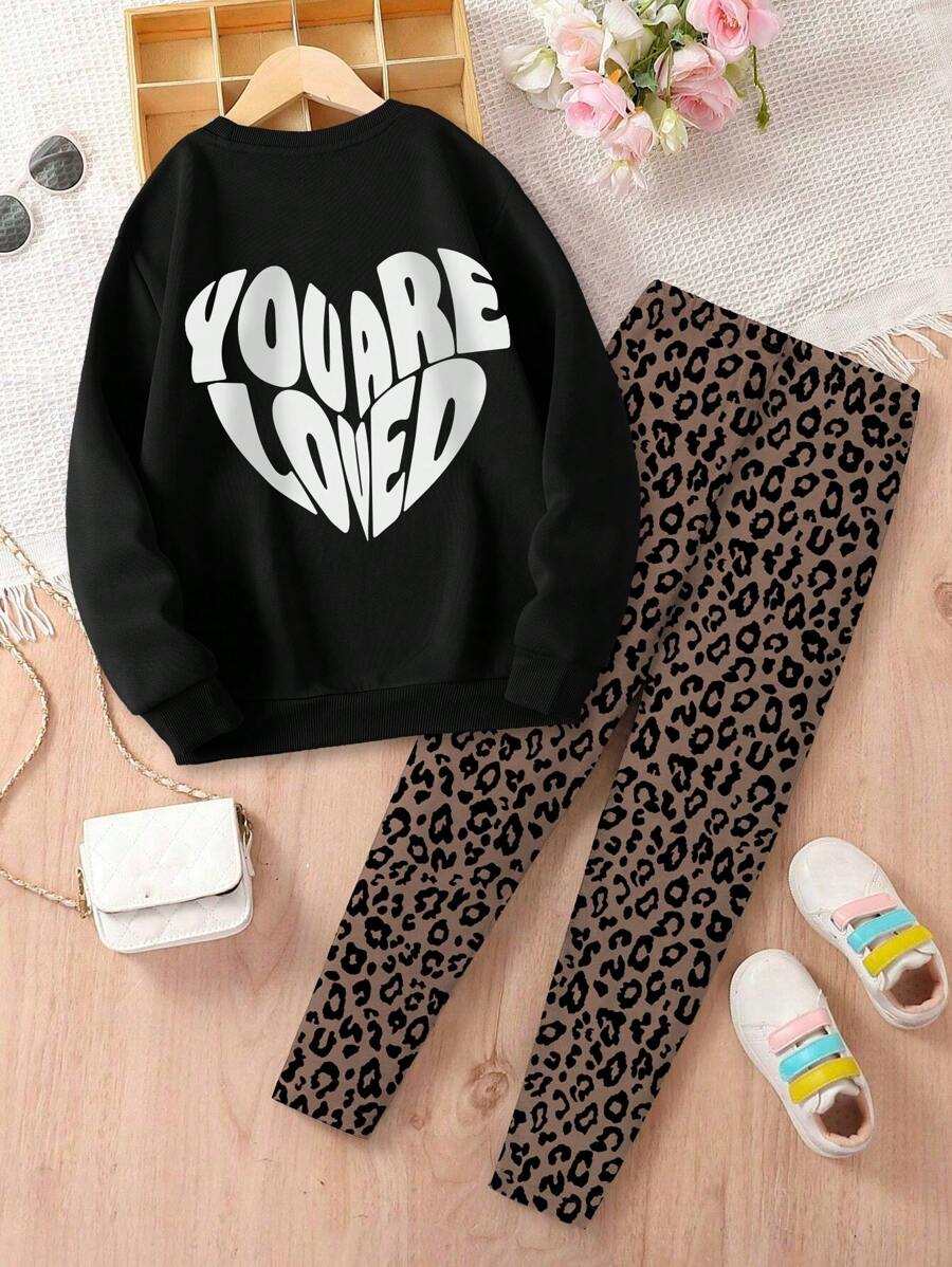 Tween 女童时尚简约心形和字母印花休闲宽松羊毛运动衫和豹纹舒适长裤，秋冬