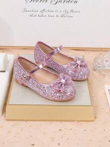 Girls' Fashionable Sparkling Sequin Bow Ballet Flats For Party And Wedding - Pink - View 5
