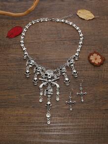 复古万圣节海盗骷髅流苏项链，女士休闲派对配饰十字骷髅项链套装 - 星星 - 查看 6