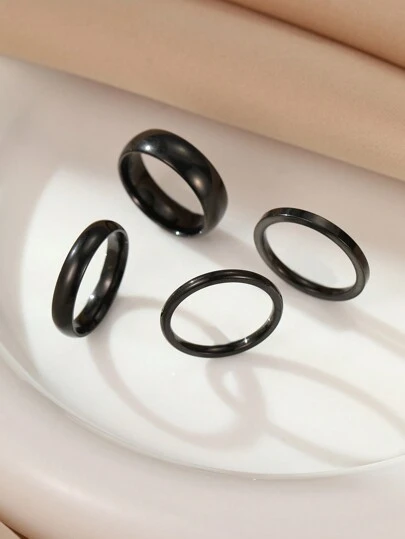 4pcs Stainless Steel Black Fashion Simple Smooth Ring Set That Can Be Worn By Both Men And Women, Suitable For Neutral Daily Decoration Or Gift Giving, Suitable For Finger Sizes 6 To 13