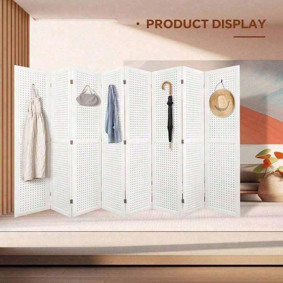 8 Panel Room Divider, 5.6Ft Pegboard Display Wooden Room Divider ...