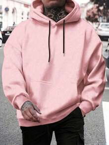 Men's Plain Kangaroo Hooded Sweatshirt Without Plain Print - 淺粉色 - 查看 2