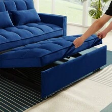 Modern Velvet Convertible Loveseat Sleeper Sofa Couch With Adjustable Backrest, 2 Seater Sofa With Pull-Out Bed With 2 Lumbar Pillows For Small Living Room & Apartment - 藍色 - 查看 9