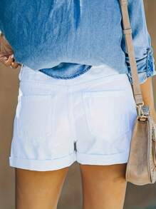 Women's Ripped Denim Shorts, Mid Waist Elastic Folding Hem, Short Jeans - 白色 - 查看 3