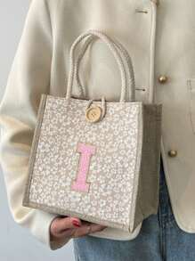 1 Mini Towel Embroidered With Initial Letter Pattern Handbag, Printed Linen Handbag, Small Flower Linen Button Decoration Handbag, Simple Large Capacity Handbag, Portable Leisure Storage Handbag, Multi-Functional Shopping Bag