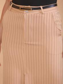 WUUW Women's High Waist Striped Midi Skirt - 卡其色 - 查看 6