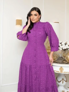 Long Dress With Long Sleeves Lese Cotton Mesh Social Party - 玫瑰紅 - 查看 5