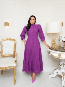 Long Dress With Long Sleeves Lese Cotton Mesh Social Party - 玫瑰紅 - 查看 2