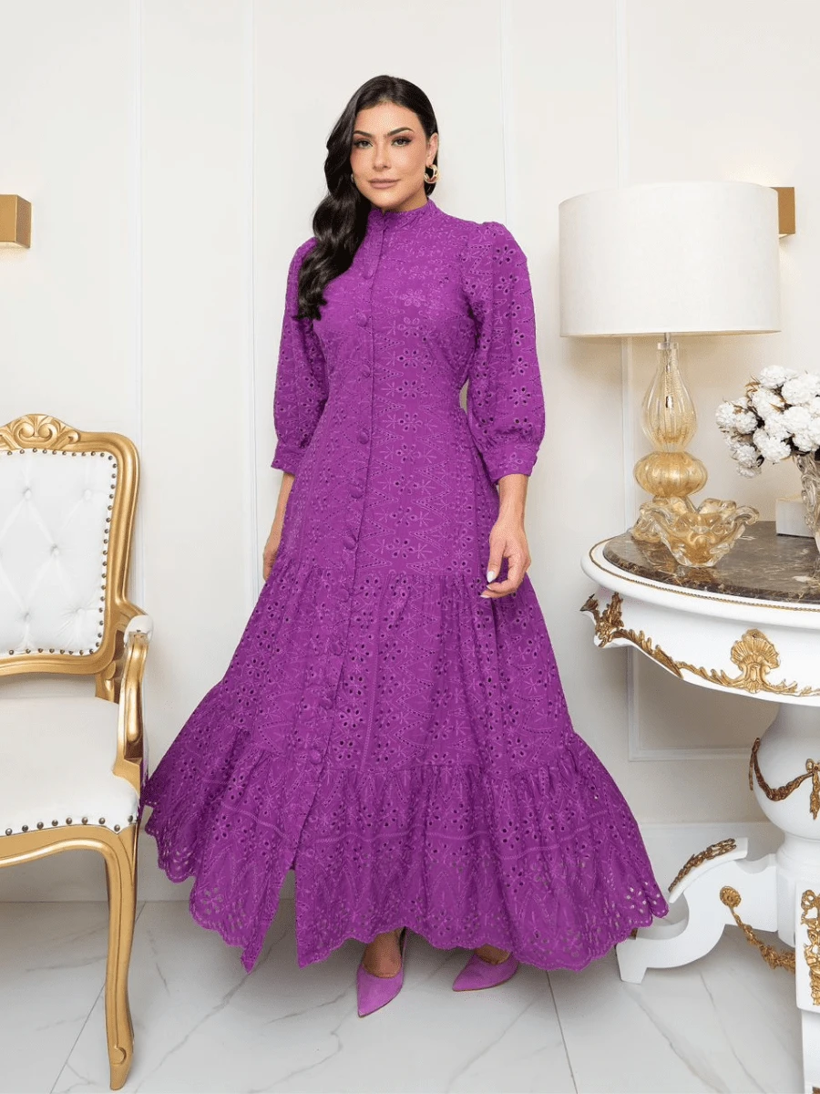 Long Dress With Long Sleeves Lese Cotton Mesh Social Party - 玫瑰紅 - 查看 1