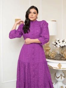 Long Dress With Long Sleeves Lese Cotton Mesh Social Party - 玫瑰紅 - 查看 6