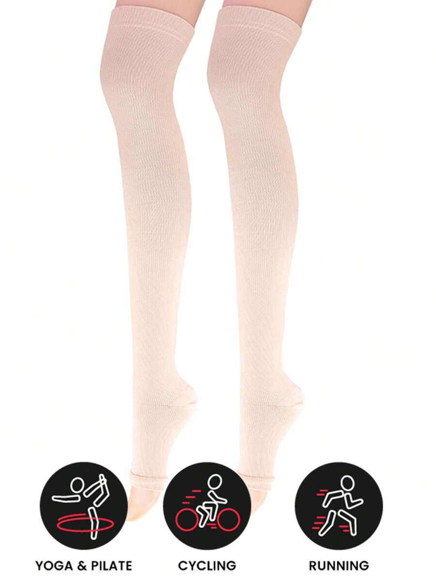 Sports Outdoor 1pair Over Knee Unisex Compression Socks With Opentoe Design, Solid Color, Warm Leg Prevent Varicose Veins Socks For Sports And Ladies - Beige - View 1