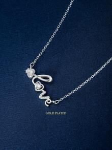 1 件时尚玫瑰爱心吊坠项链，925 纯银可调节长度女士项链，礼物 - 銀色 - 查看 2