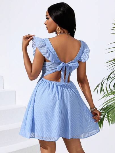 Vestido Corto De Mujer Con Cordones Con Lazo En La Espalda,Vestido Sólido De Línea A Con Escote En V Y Ribete De Volantes,Con Paneles De Encaje En La Cintura