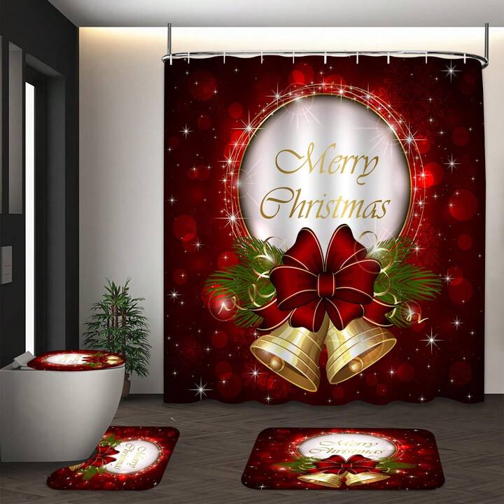 1 4pcs Christmas Shower Curtain Set Merry Christmas Red Christmas Bell Shower Curtain Bathroom Mat With 12 Free Hooks Home Bathroom Accessories SHEIN USA
