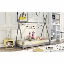 Twin Size House Platform Bed With Triangle Structure,Gray - 灰色+松木 - 查看 3