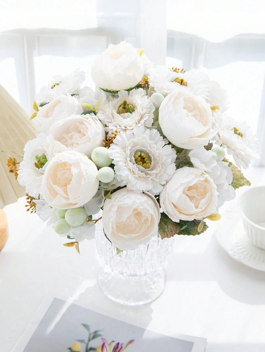 1 Bouquet Artificial Rose Flowers, Includes Silk Embroidered Balls, Suitable For Weddings, Home, Restaurant, Bedroom, Vase Decor, Holidays, Birthday Parties, Wedding Decor, Flowers, Valentine's Day Gifts, New Year DIY Materials, Graduation Gifts