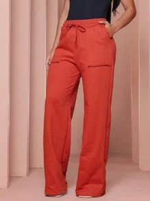 Women's Wide Leg Pants With High Waist And Pockets - 棕色 - 查看 1