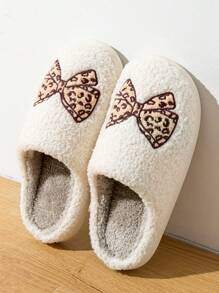 Zapatillas de estar por casa planas y cálidas para mujer con estampado de leopardo, lazo y bordado - Marrón - Ver 4