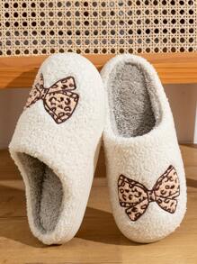 Zapatillas de estar por casa planas y cálidas para mujer con estampado de leopardo, lazo y bordado - Marrón - Ver 2