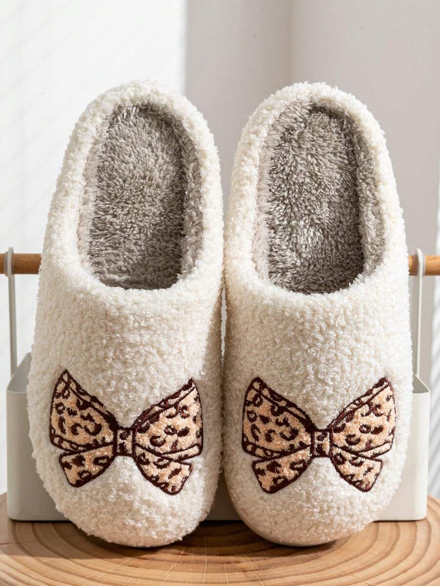 Zapatillas de estar por casa planas y cálidas para mujer con estampado de leopardo, lazo y bordado - Marrón - Ver 1