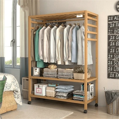 UNHO Clothes Rail Rack Bamboo Open Wardrobe Closet With Wheels Garment Rack With 3 Tiers Storage Shelves Organizer And One Top Rod For Hanging Clothes Bedroom Free Standing Coat Rack Halloween Decorations Halloween Costumes Autumn Decor Festival Decor