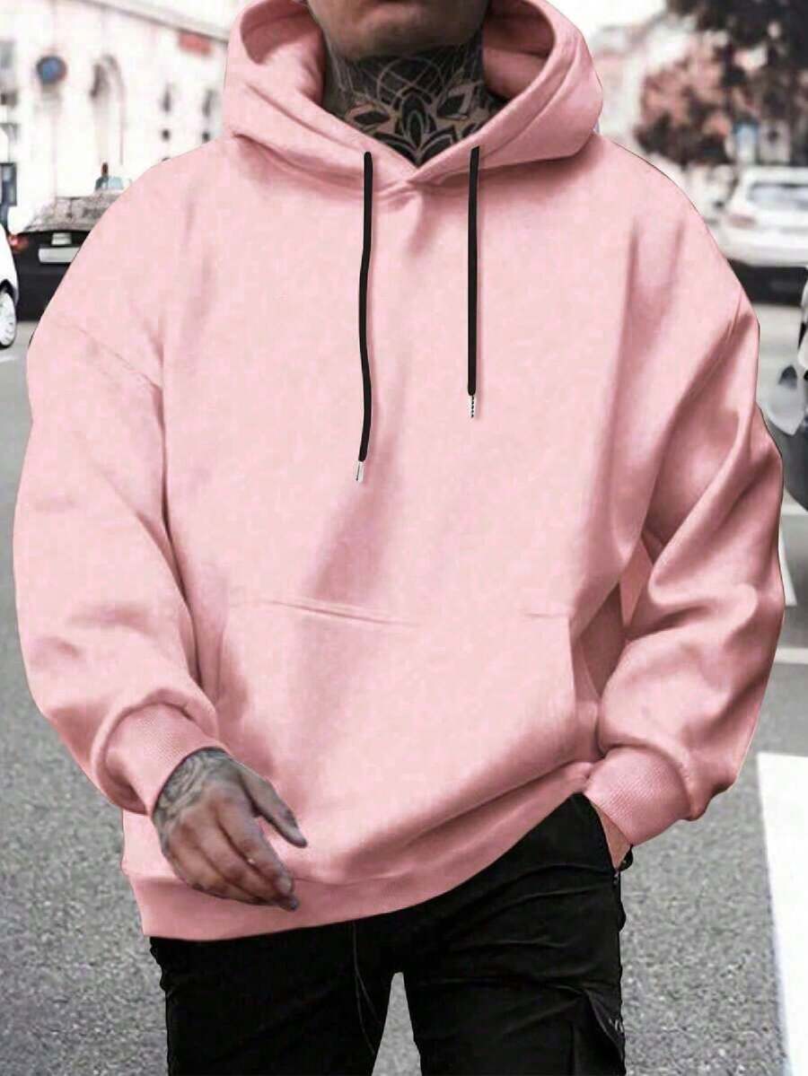 Men's Plain Kangaroo Hooded Sweatshirt Without Plain Print - 淺粉色 - 查看 1