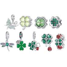 bamoer 1 PC 925 Sterling Silver Four-Leaf Clover Green Beads Dragonfly/Ladybird Charms For Women Bracelet And Necklace DIY Valentines