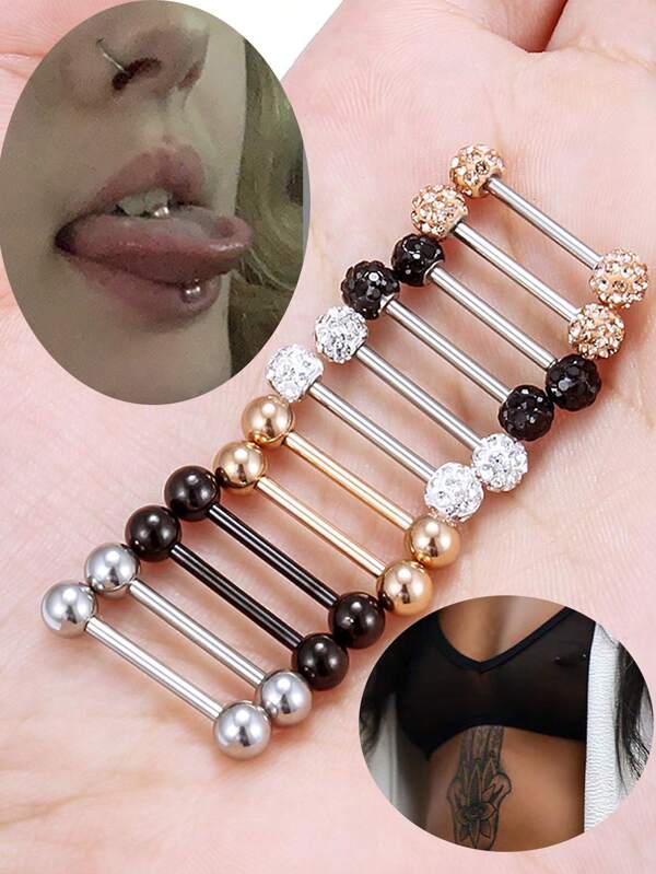 4 Stück 14G Zungenpiercing aus Edelstahl, Nippelschild Barbell Ring, Nippelringe Körperschmuck für Herren in Silber, Schwarz, Roségold, 12mm, 14mm, 16mm, 18mm