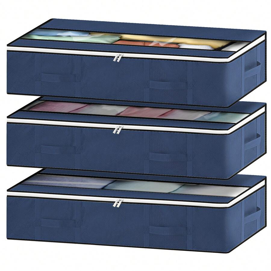 Underbed Drawer 90L Underbed Storage Box With Lid, Foldable Duvets Storage Bag Underbed Box Organizer, Underbed Large Capacity, Dustproof (Blue) - 藍色 - 查看 1
