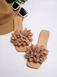 European And American Style Fall Women's Comfortable Simple Strap Slip-On Floral Square Toe Flat Sandals Casual Beach Summer Shoes - 杏色 - 查看 3