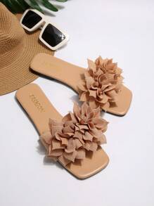 European And American Style Fall Women's Comfortable Simple Strap Slip-On Floral Square Toe Flat Sandals Casual Beach Summer Shoes - 杏色 - 查看 2