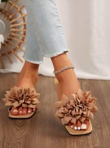 European And American Style Fall Women's Comfortable Simple Strap Slip-On Floral Square Toe Flat Sandals Casual Beach Summer Shoes - 杏色 - 查看 6