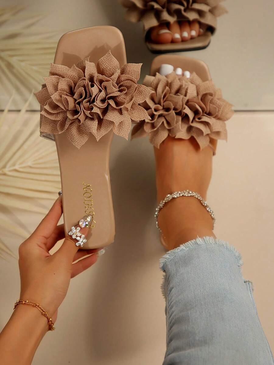 European And American Style Fall Women's Comfortable Simple Strap Slip-On Floral Square Toe Flat Sandals Casual Beach Summer Shoes - 杏色 - 查看 1