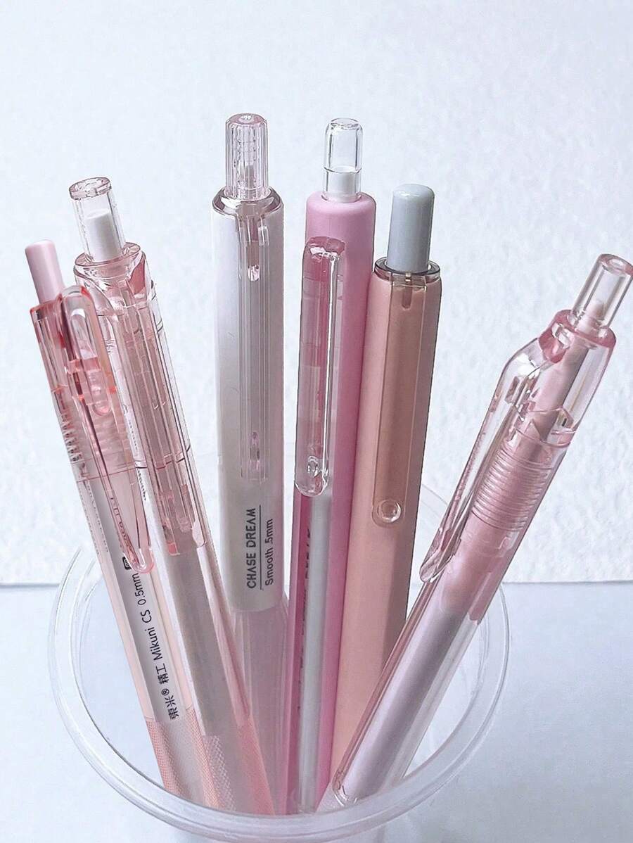 6入組流暢且快乾的推式縮回中性筆和筆刷筆,黑色 - 粉色 - 查看 1