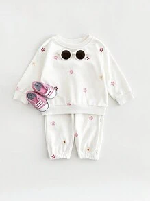 2 piezas/set Top de manga larga elástico con bordado floral y pantalones conjunto informal para niñas bebé, primavera/otoño - Beis - Ver 4