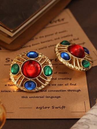 1 对金属几何耳钉，镀金色，镶嵌人造宝石和水晶，适合女性日常、派对、节日礼服、礼品珠宝配饰