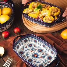 Boluri din ceramică desenate manual, bol colorat pentru copt, cu mâner, grătar pentru salată, tigaie rotundă de copt cu orez copt cu brânză, set de vase de copt, caserolă pentru gătit, prăjitură, bucătărie, tehnologie de pictură realizată manual Oxalis târâtor, bol pentru copt - Multicolor - Vizualizare 8