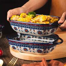 Boluri din ceramică desenate manual, bol colorat pentru copt, cu mâner, grătar pentru salată, tigaie rotundă de copt cu orez copt cu brânză, set de vase de copt, caserolă pentru gătit, prăjitură, bucătărie, tehnologie de pictură realizată manual Oxalis târâtor, bol pentru copt - Multicolor - Vizualizare 3