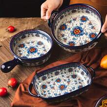 Boluri din ceramică desenate manual, bol colorat pentru copt, cu mâner, grătar pentru salată, tigaie rotundă de copt cu orez copt cu brânză, set de vase de copt, caserolă pentru gătit, prăjitură, bucătărie, tehnologie de pictură realizată manual Oxalis târâtor, bol pentru copt - Multicolor - Vizualizare 1