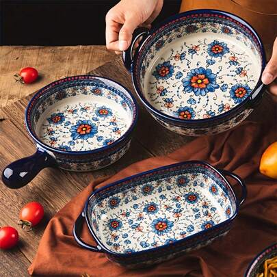 Hand Drawn Ceramic Bowls, Colorful Baking Bowl, With Handle, Salad Barbecue, Cheese Baked Rice Pan Round Bakeware, Bakeware Set, Casserole Dish For Cooking, Cake Dinner, Kitchen, Handmade Painting Technology Creeping Oxalis, Oven Baking Bowl