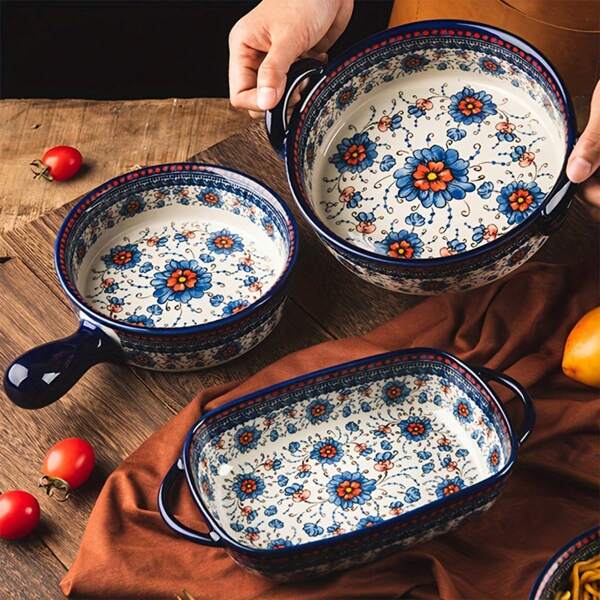 Hand Drawn Ceramic Bowls, Colorful Baking Bowl, With Handle, Salad Barbecue, Cheese Baked Rice Pan Round Bakeware, Bakeware Set, Casserole Dish For Cooking, Cake Dinner, Kitchen, Handmade Painting Technology Creeping Oxalis, Oven Baking Bowl