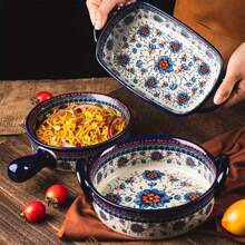 Boluri din ceramică desenate manual, bol colorat pentru copt, cu mâner, grătar pentru salată, tigaie rotundă de copt cu orez copt cu brânză, set de vase de copt, caserolă pentru gătit, prăjitură, bucătărie, tehnologie de pictură realizată manual Oxalis târâtor, bol pentru copt - Multicolor - Vizualizare 10